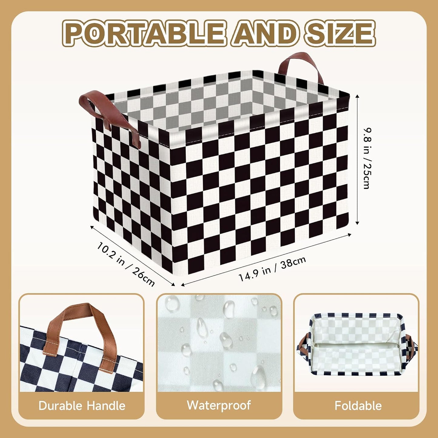 Checkered Storage Basket Waterproof Canvas Toy Storage Bin Race Car Room Decor Collapsible Outdoor Basket with Leather Handles Checkered Decor Car Blanket Baskets For Closets,Bedrooms,Gifts Baskets