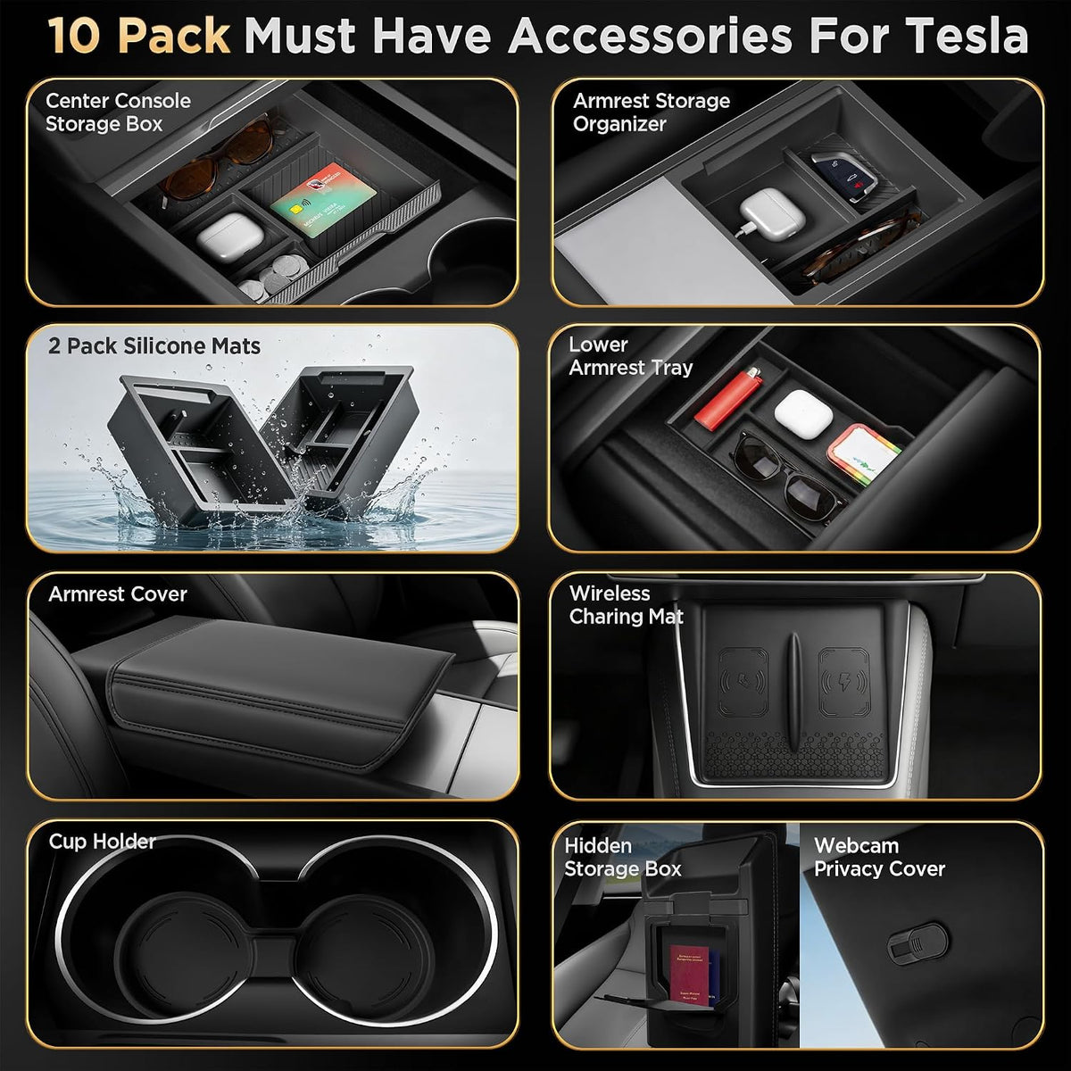 10PCS for Tesla Model Y Accessories 2026 2025 & for Tesla Model 3 Accessories 2024-2026 Center Console Organizer [Slide Smoothly & Carbon Fiber] Wireless Charge Mat Armrest Cover Black