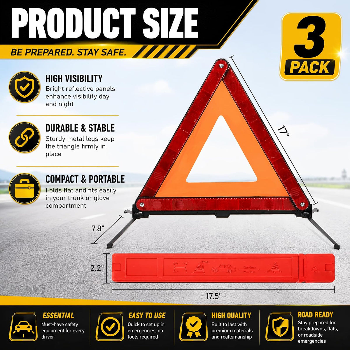 Fasmov 3 Pack Emergency Warning Triangle Kit, High Visibility Reflective Safety Triangle, Road Emergency Reflector for All Vehicles & Cars