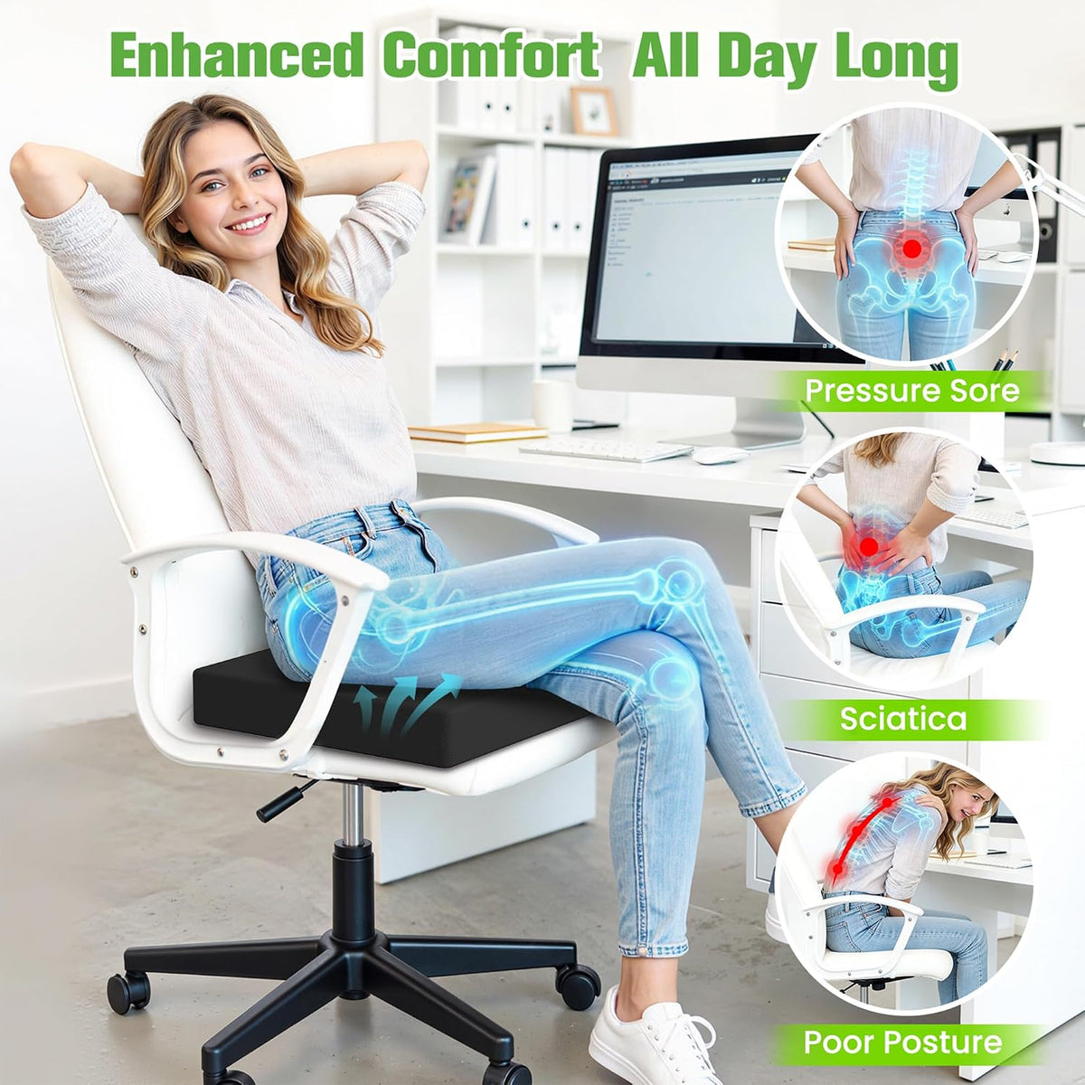 Seat Cushion for Office Chairs, Memory Foam Chair Cushion with Patterned Core for Even Support, Back, Tailbone & Sciatica Relief, Chair Pillow with Carry Handle for Car, Wheelchair(Black)