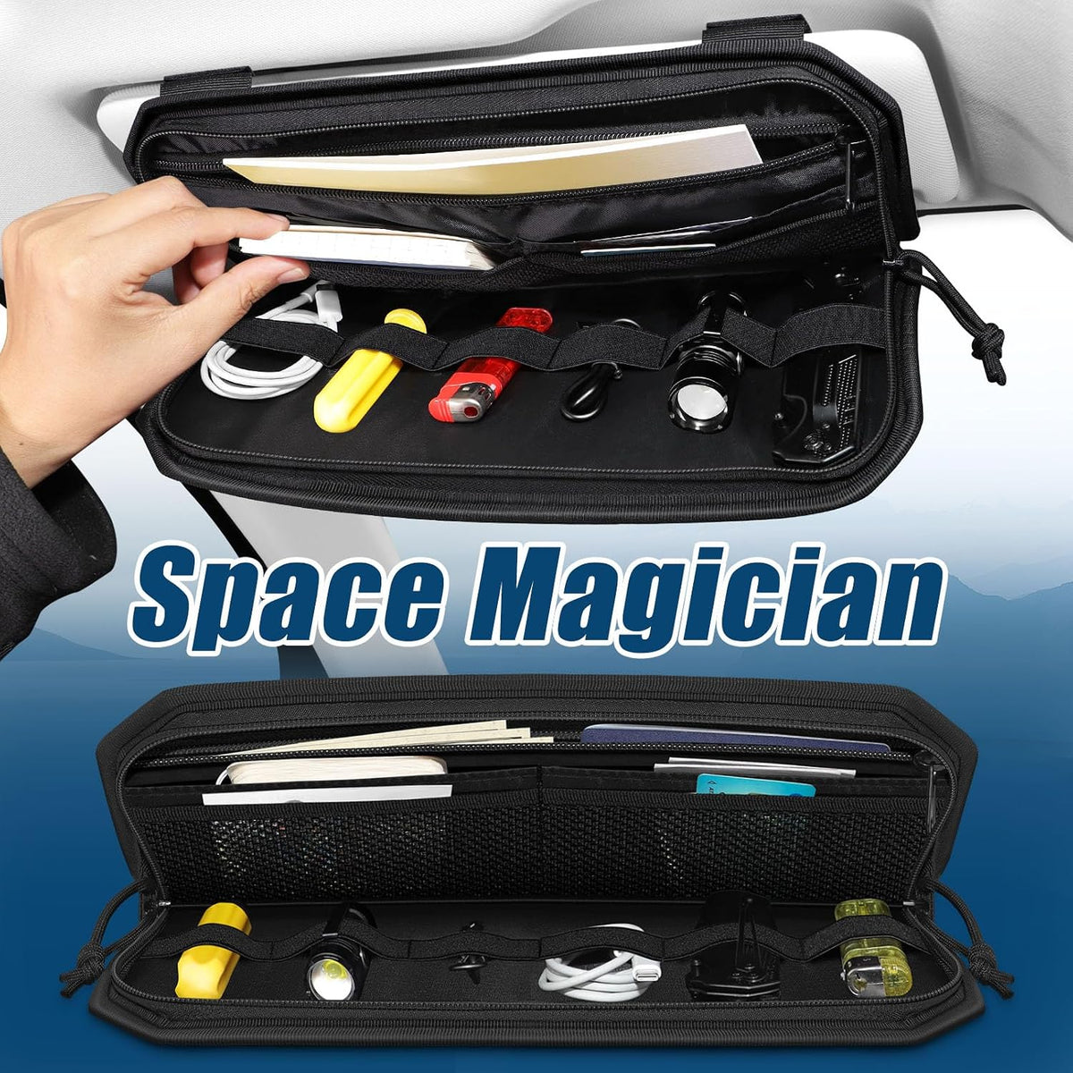 Car Sun Visor Organizer 2 PCS, Multi-Pocket Visor Organizer Storage Pouch