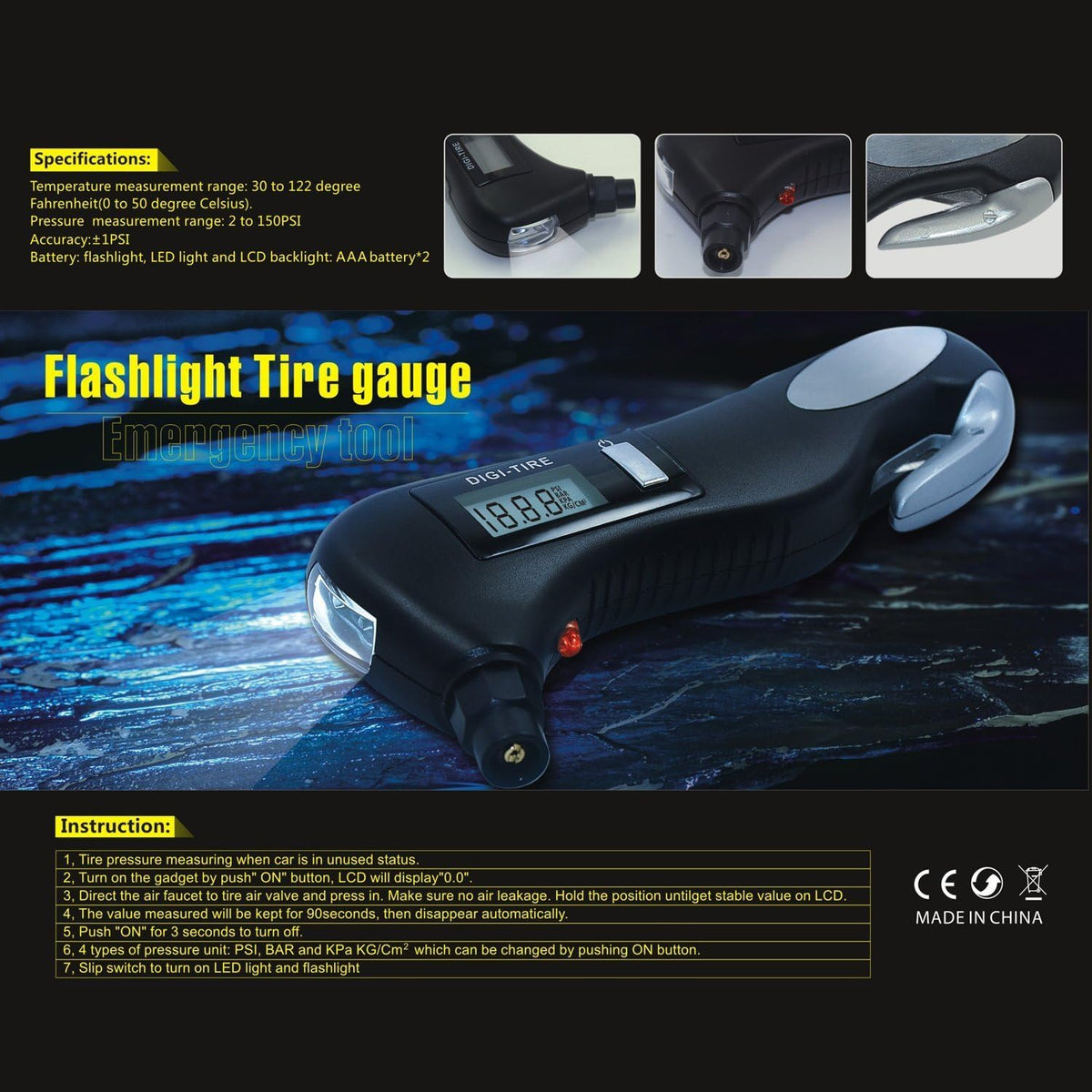 5 in 1 Rescue Emergency Tool for Car, Motorcycle and Other Vehicle - 150 PSI Digital LED Tire Pressure Gauge Monitor, Safety Hammer, Flashlight, Seat-Belt Cutter, Red Safety Light.