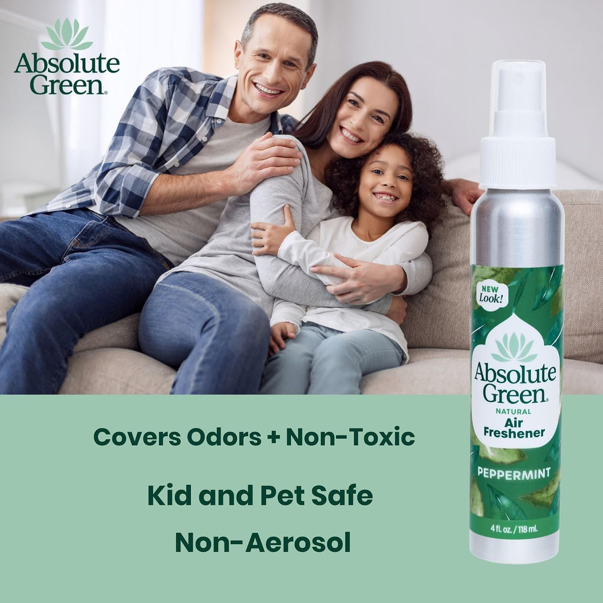 Absolute Green Air Freshener Room Spray, Covers Odors, Non-Toxic, Safe around Kids +Pets, Natural Peppermint Scent 4oz (Pack of 1)