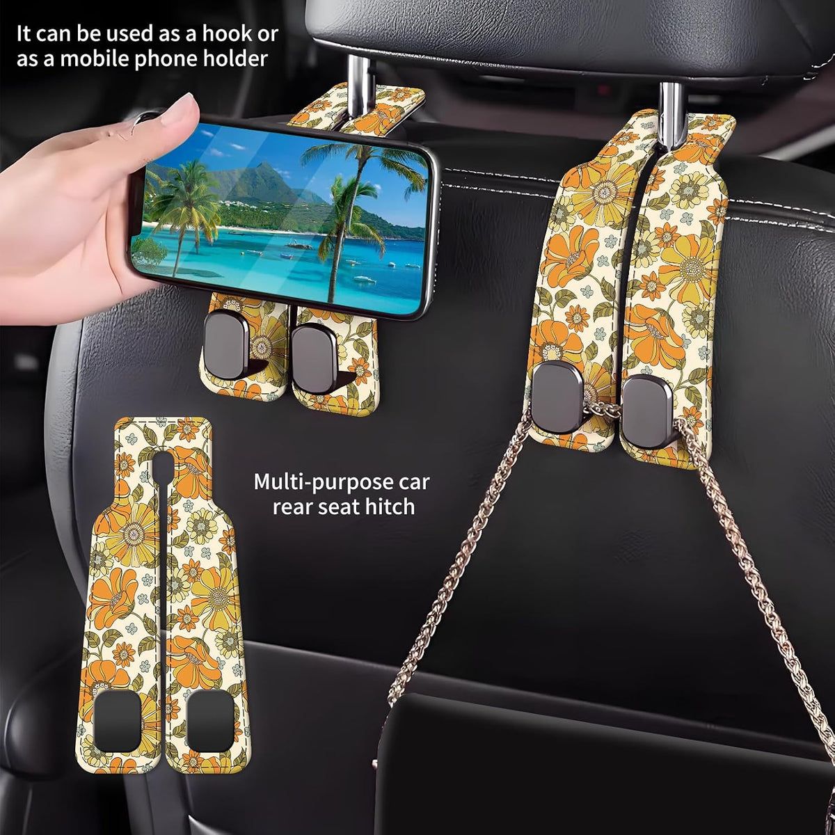 Car Seat Back Storage Headrest Hook, Premium Leather Double Metal Hook, Hanger Storage Organizer for Purse Cloth Bag, Car Interior Accessories Boho Orange Flowers