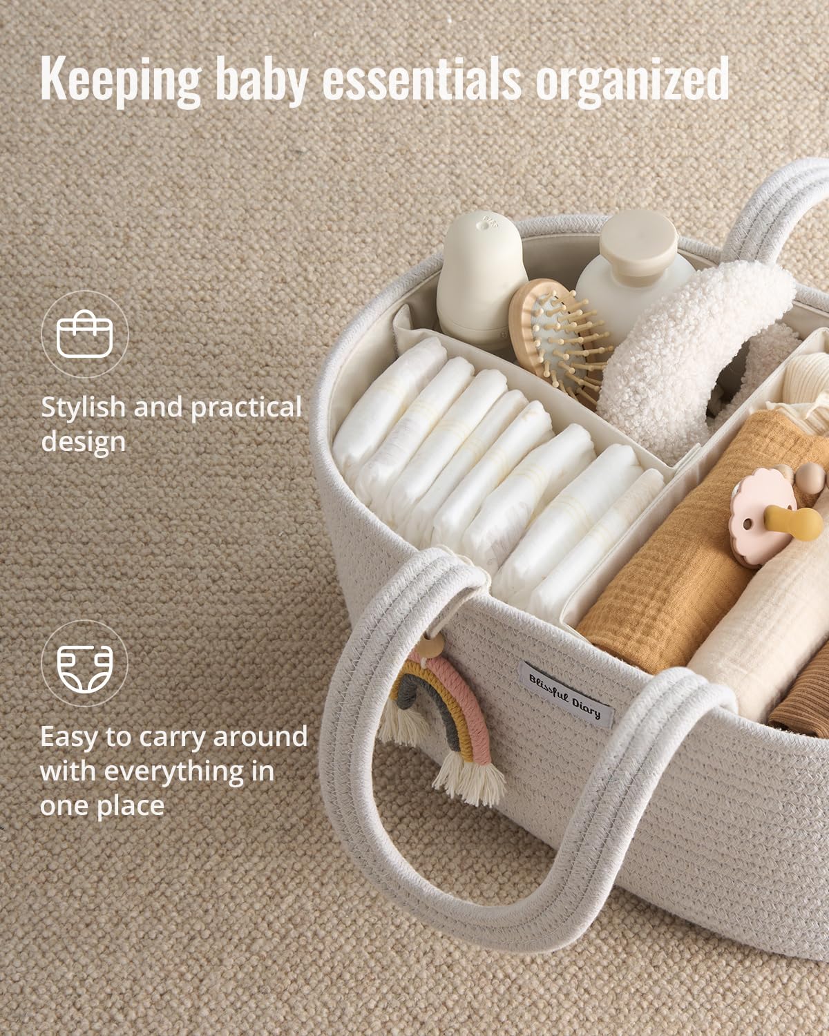 Blissful Diary Baby Diaper Caddy Organizer, Cotton Rope Diaper Caddy Basket, Oval Storage Basket, Gift for Baby Shower, Newborn Essentials, Beige