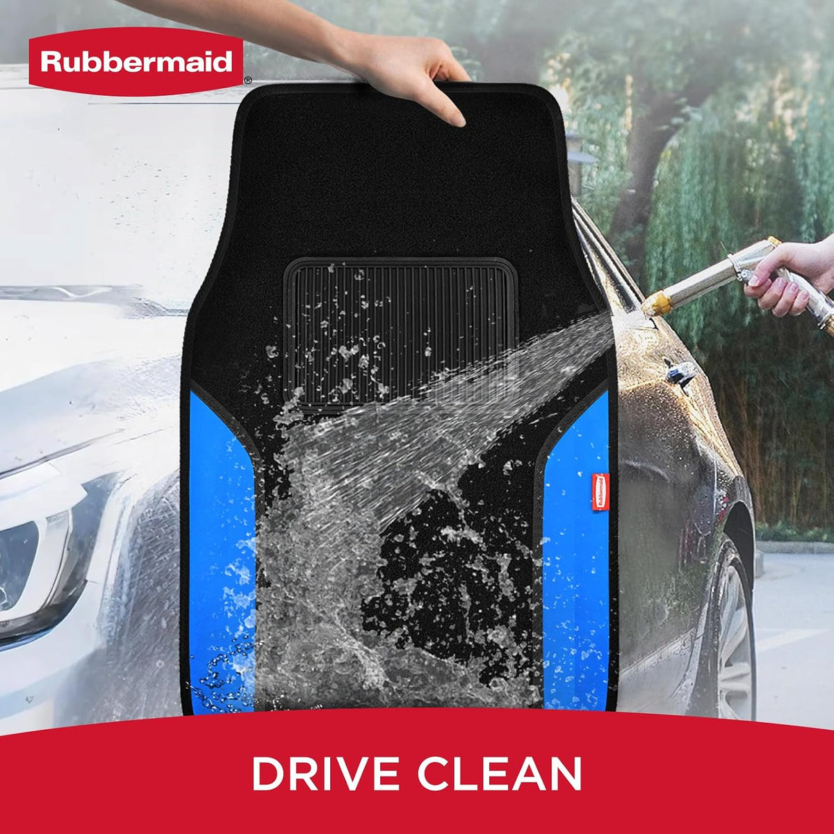 Rubbermaid Car Mats, Carpeted Floor Car Mat with Faux Leather & Built-in Heel Pad, Two-Tone Car Rug Floor Mats, Stylish Carpeted Floor Mats for Cars, Trucks & SUVs Blue Color