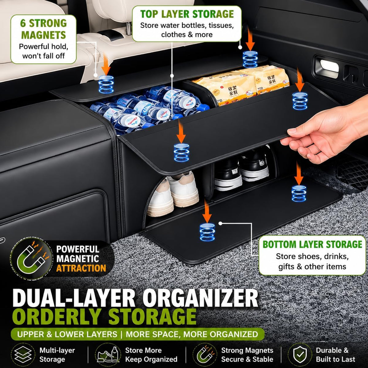 GMQ Double-Layer Car Trunk Organizer with Magnetic Lid for SUV, Truck, MPV