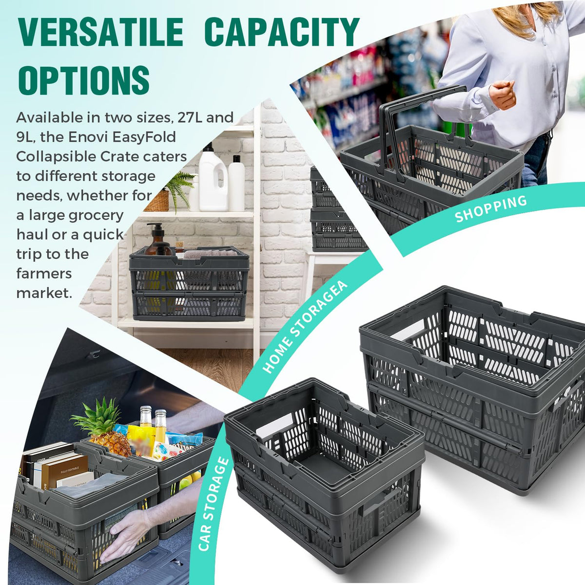 EasyFold Collapsible Crate, Collapsible Shopping Basket, Milk Crate, 3 Pack (27L (7 Gal), Black)