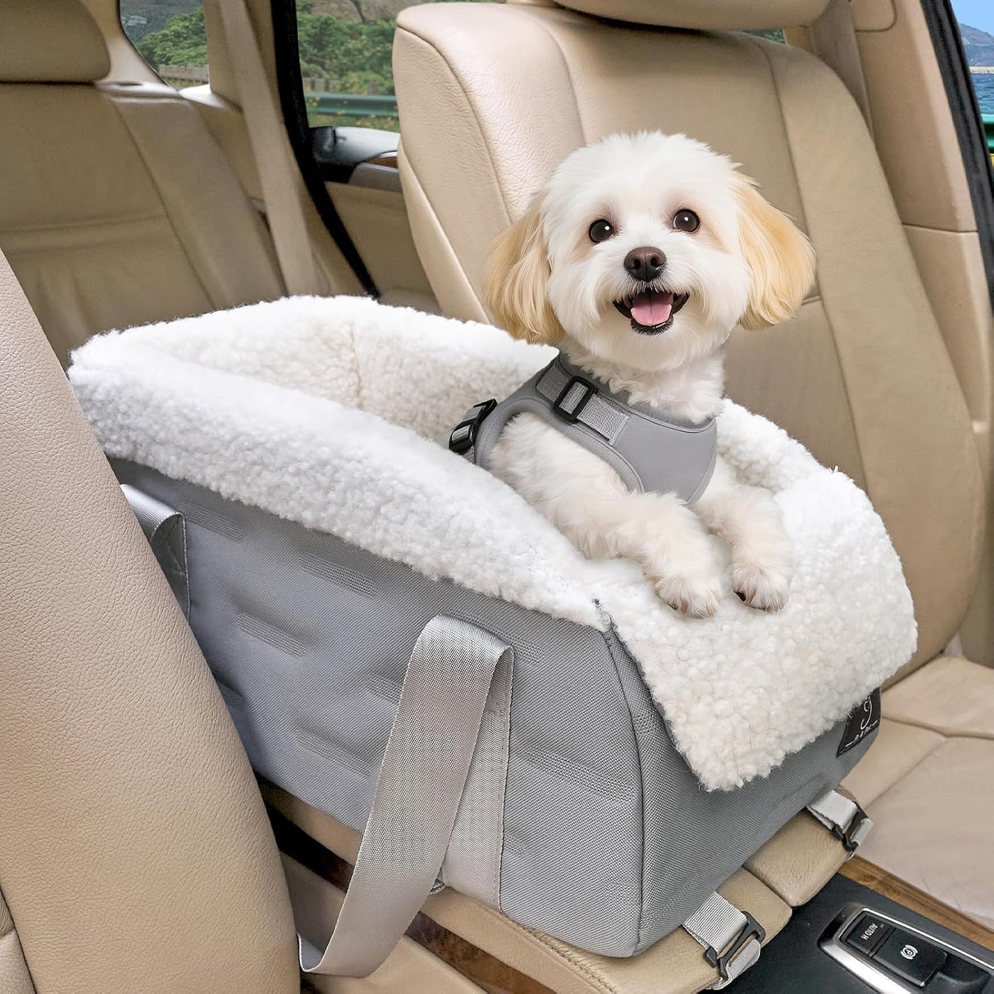 Center Console Dog Car Seat for Small Dogs Under 12 lbs – Secure Booster Seat with Safety Tether, Fits Most Cars & SUVs, Soft Washable Cushion, Portable Carrier Ideal for Pet Travel