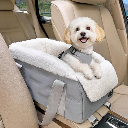 Center Console Dog Car Seat for Small Dogs Under 12 lbs – Secure Booster Seat with Safety Tether, Fits Most Cars & SUVs, Soft Washable Cushion, Portable Carrier Ideal for Pet Travel