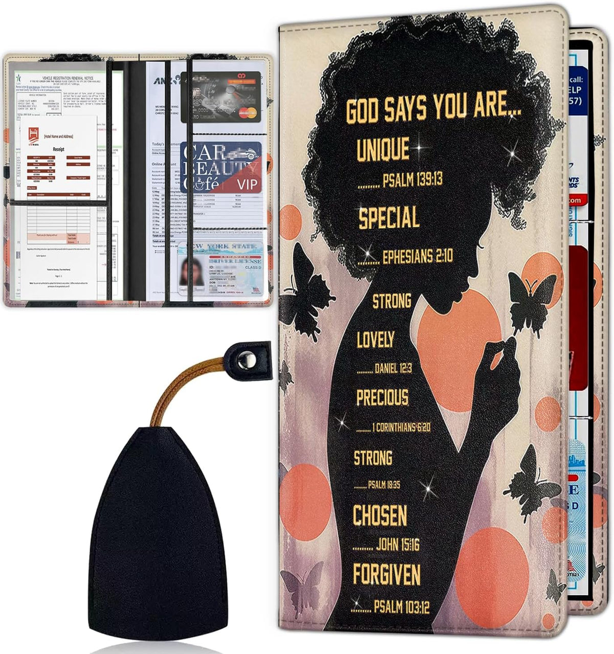 Car Document Holder with Magnetic Shut, Car Registration & Insurance Card Holder, PU Leather Glove Box Organizer Vehicle Accessories Driver License for Women/Men, African Black Woman Butterfly