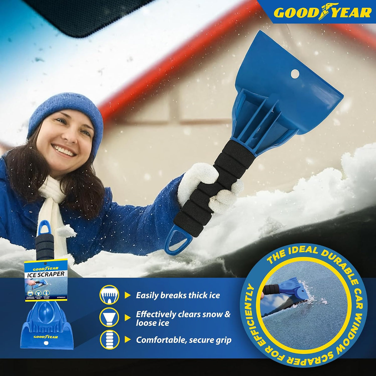 Goodyear Ice Scraper – Heavy-Duty Ice Breaker Teeth, Extra-Wide Blade for Efficient Snow & Ice Clearing, Comfortable Soft Grip Handle – Perfect for Winter Car Care
