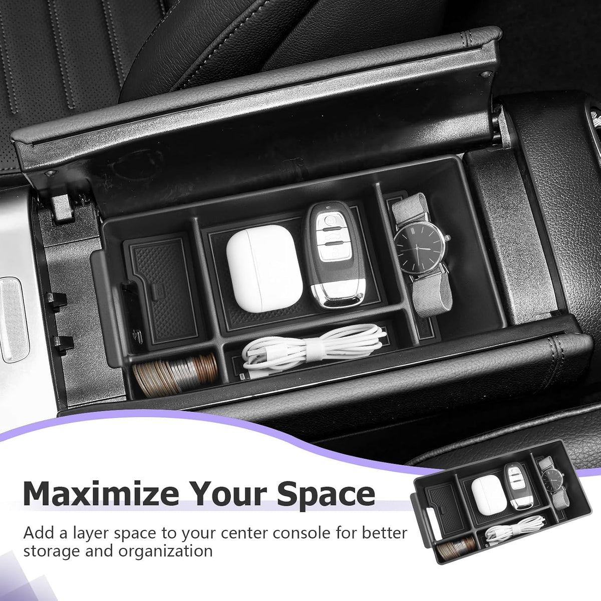 LUWU Center Console Organizer Compatible with 2022-2027 Benz C-Class C300/C300 4Matic/AMG C43/AMG C63 SE Performance W206 Accessories Armrest Console Storage Box Insert Tray ABS Material Black