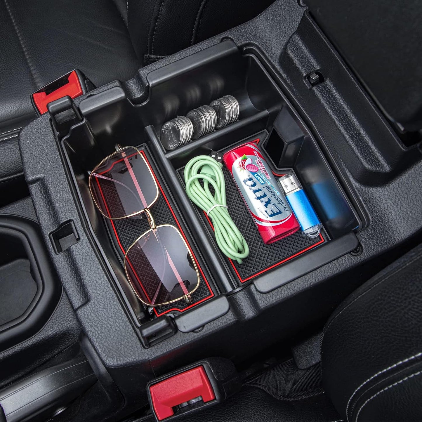 PIMCAR Center Console Organizer for Jeep Wrangler JL/JLU (2018-2026) & Gladiator JT (2020-2026) | Armrest Storage Tray | Interior Accessories (Not for JK/JKU) | Red Liner Trim