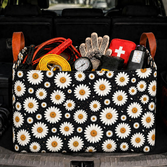 Daisy Car Trunk Organizer, 20L Collapsible Auto Storage Basket with Handles, Waterproof Reusable Shopping Grocery Bags for SUV, Truck,Daisy Cars Boot Organizer Gifts for Women Men Drivers