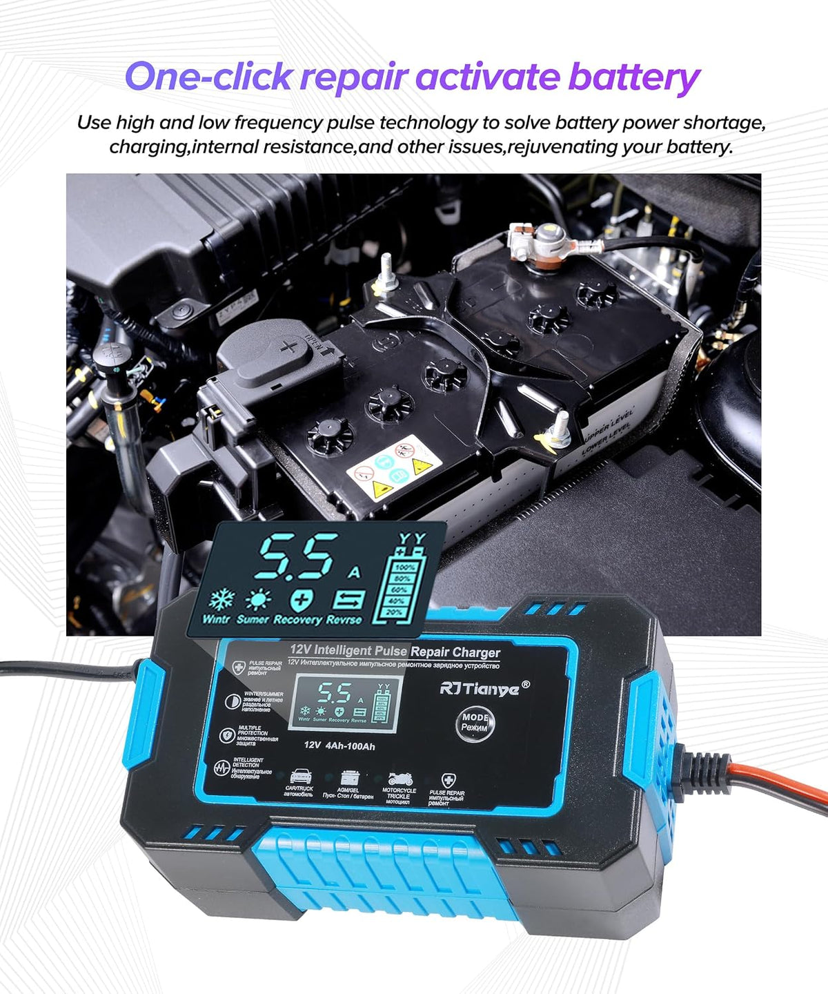 Car Battery Charger,Car Accessories Universal Portable 12V 6A Automatic Smart Battery Trickle Charger with LCD Display,Automotive Tool,Suitable for Most Cars,SUVs,MSedans,Trucks,Minivans (Blue)