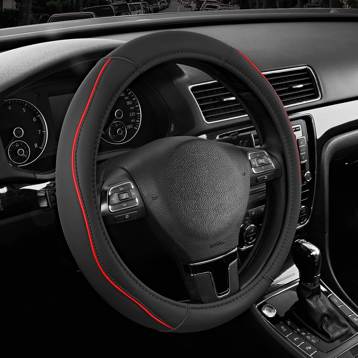 Road Comforts Leather Steering Wheel Cover with Decorative Trim and Piping, Anti-Slip Breathable Design, Fits 14.5–15 Inch Round Steering Wheels, Snug Fit, Stylish Interior Upgrade - Red