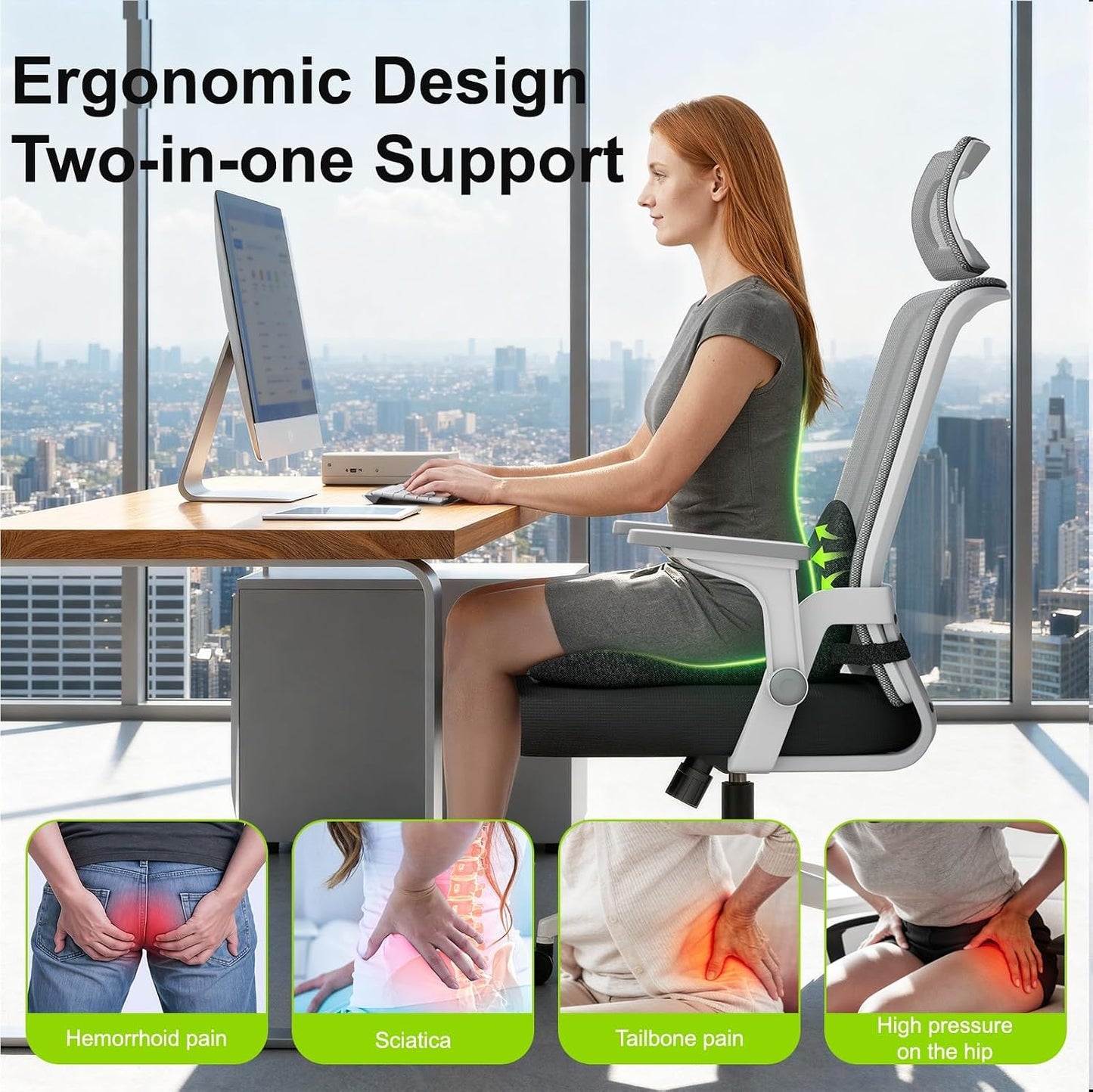 Seat Cushion, Seat Cushions for Office Chair, Ergonomic Coccyx Cushion, Breathable Non-Slip Memory Foam Pad for Long Sitting, Gaming Chair & Car Seat