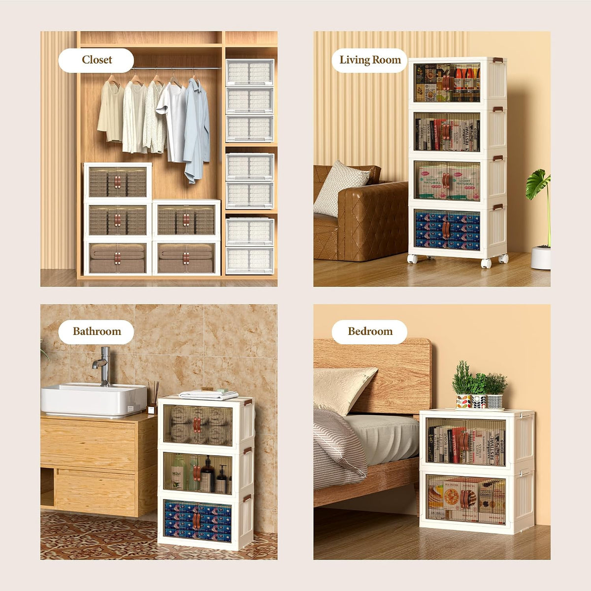 Collapsible Storage Bins with Lids - Stackable Plastic Closet Organizers for Clothes, and Home Organization White (4 rack, 30 Gal/rack)