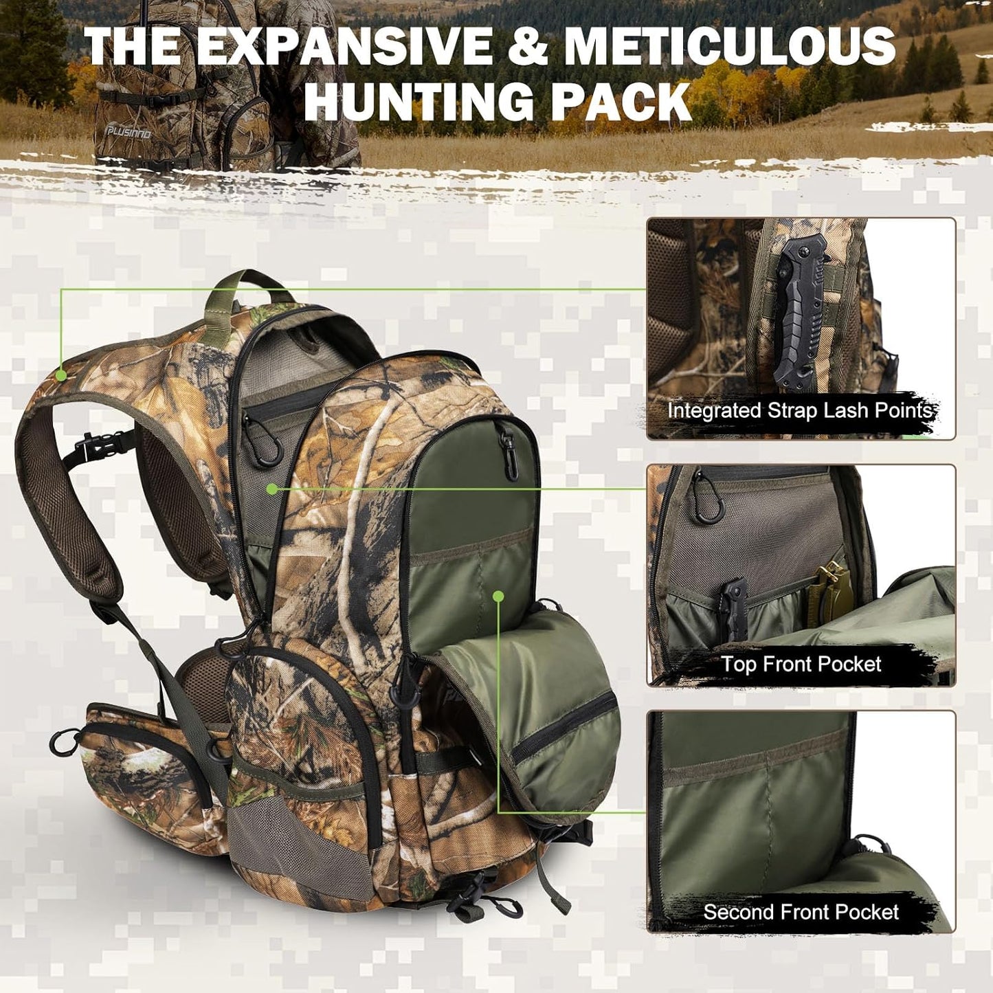 PLUSINNO Hunting Backpack for Hunting Essentials, 45L Waterproof Hunting Gear with Rain Cover, & Padded Scabbard Carry System For Deer Hunt Accessories, Hunt Gift For Men