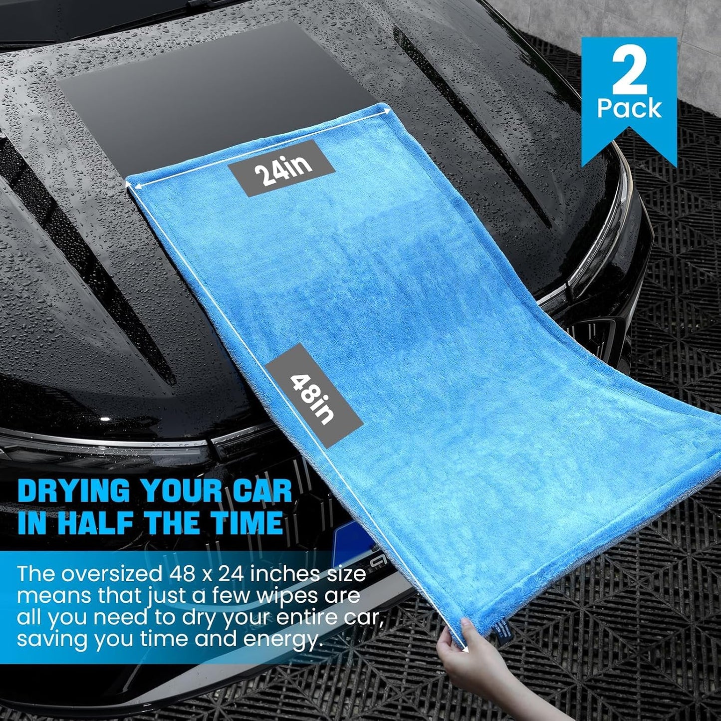 TTRCB 2 Pack Car Drying Towels (48" x 24"), Extra Large Microfiber Towels for Cars, 1400 GSM Ultra-Absorbent, Streak Free, Double Twisted-Loop Drying Towels Car Detailing for SUV, RV, Trucks