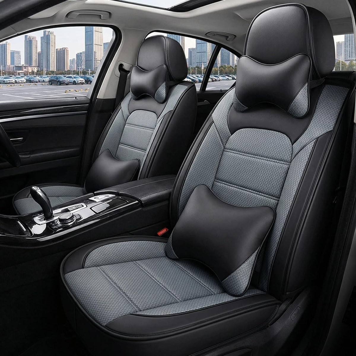 YQ FU Leather Seat Covers Black Gray Full Set w/ 2 Pillows Universal 2 Row