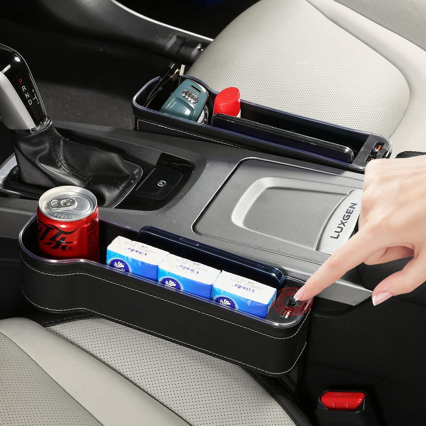 7 Color Led Car Seat Gap Organizer with 56W Fast Charger Car Console Organizer with Cup Holder Front Seat Gap Filler with USB Between Seat Cup Holder fit for Android iPhone (Black)