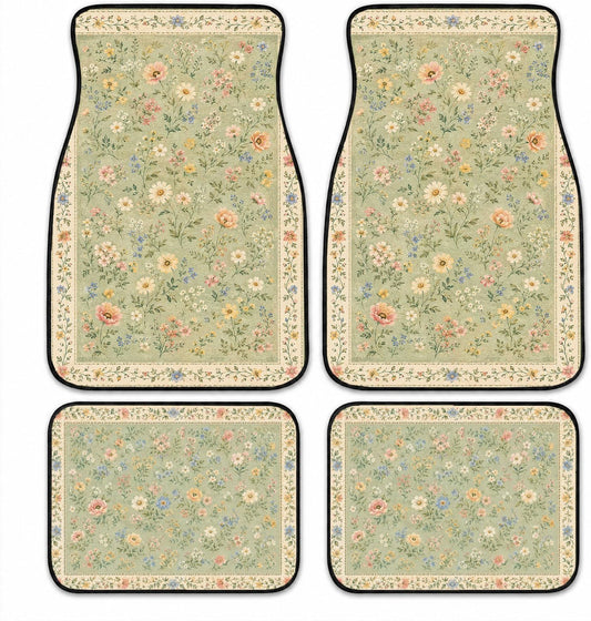 Wildflower Car Floor Mats Set of 4 Sage Green Cottagecore Floral Floor Mats for Front & Rear Car Truck Van SUV, All Weather Protection, Universal Fit
