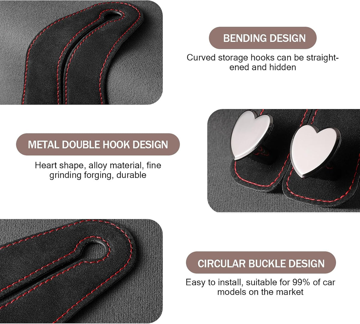 2 PCS Car Seat Headrest Hook, Car Hooks for Headrest, Storage Double Heart Shape Hooks, Suede Foldable Soft Hook Organizer, Universal for Cars (Black)