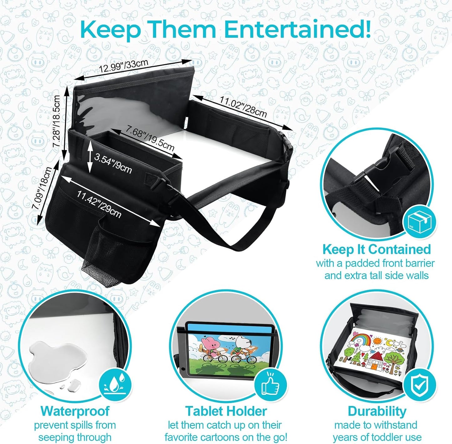 Kids Travel Tray for Car Seat, Carseat Table Tray for Kids Road Trip Activities, Car Trays for Kid Roadtrip Essentials, Toddler Lap Desk Organizer for Airplane - Black