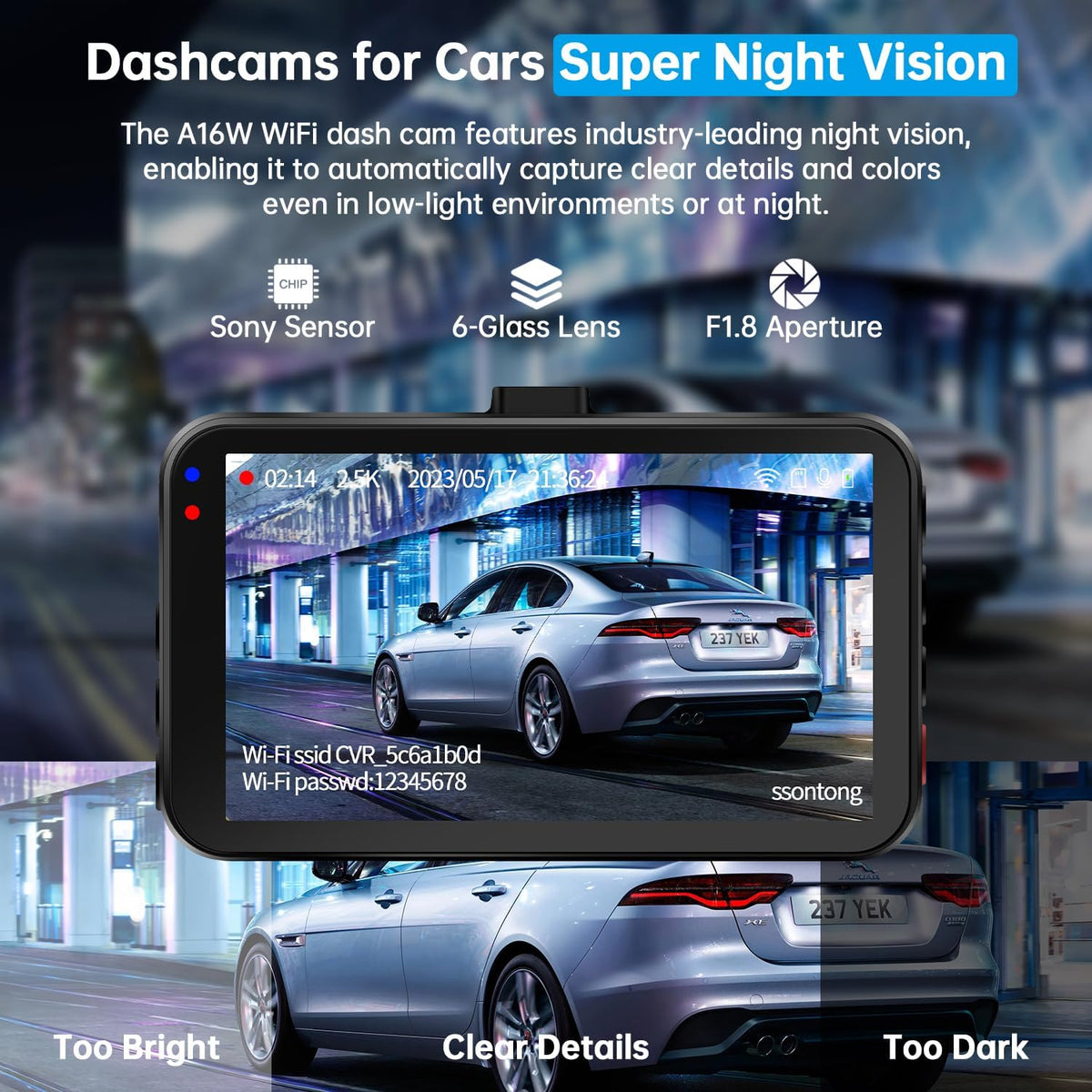 Dash Cam Front and Rear, 2.5K Front 1080P Rear WiFi App Control w/64GB Card