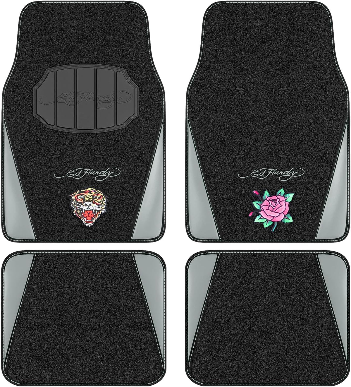 ED HARDY Tiger Print Car Floor Mats, Carpet Floor Mats with Gray Leather Design, Automotive Car Mats with Built-in Heel Pad & Anti-Slip Backing, Fits Most Cars, SUVs & Trucks, Durable & Odorless