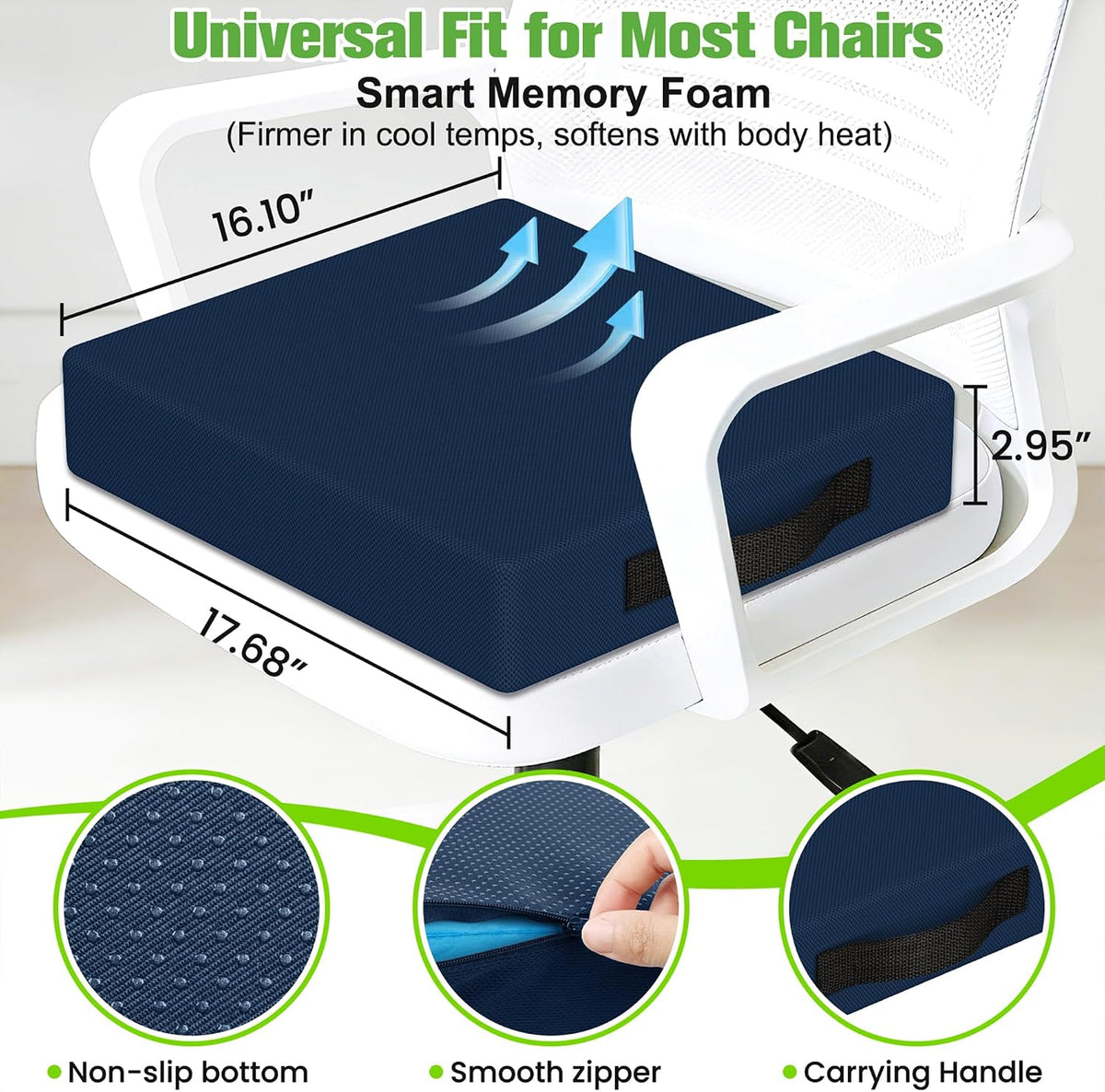 Seat Cushion for Office Chairs, Memory Foam Chair Cushion with Patterned Core for Even Support, Back, Tailbone & Sciatica Relief, Chair Pillow with Carry Handle for Car, Wheelchair(Blue)