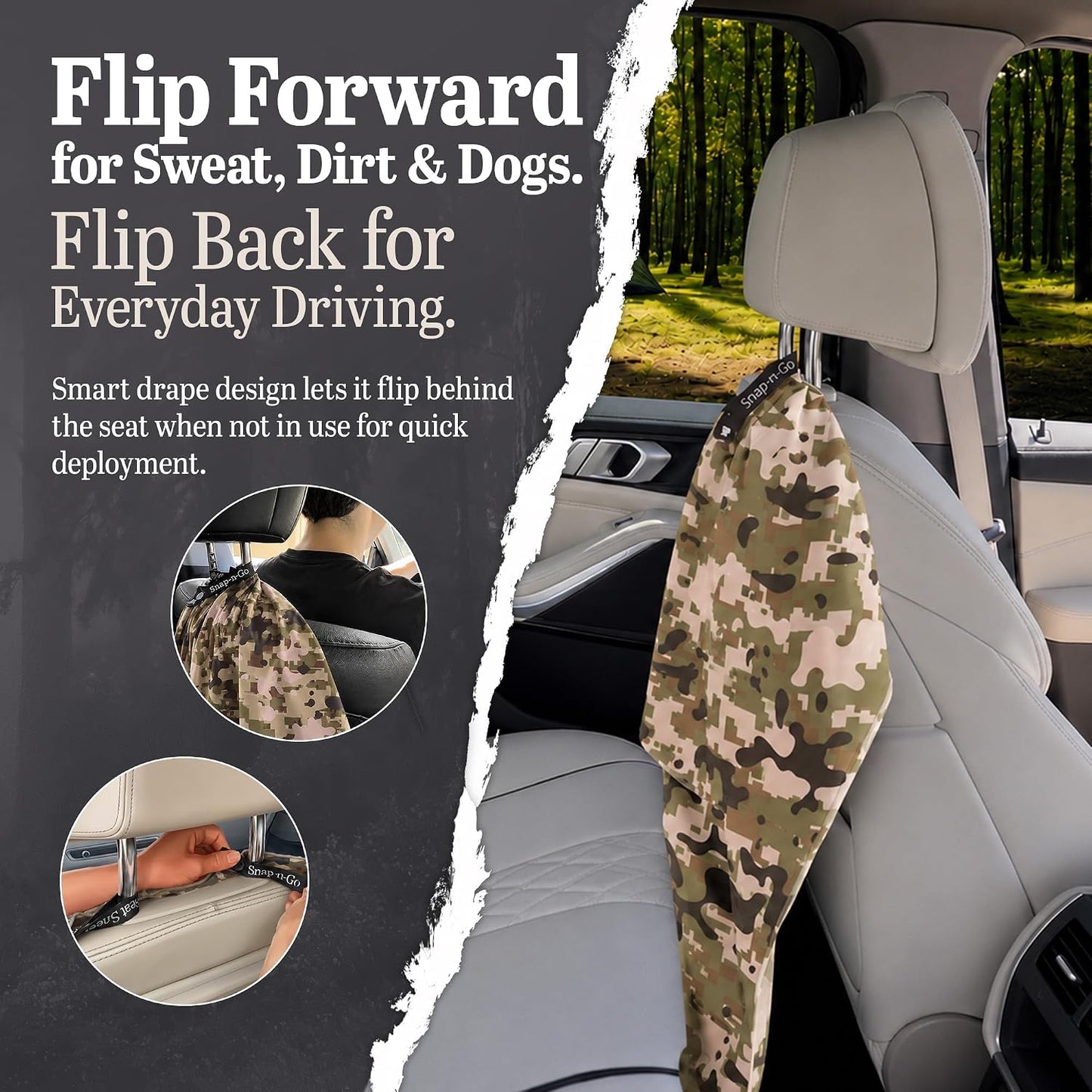 Camo Car Seat Towel Cover for Outdoor Hiking Hunting Pets | Snap-n-Go Seat Sheet® Universal Fit on headrest posts, Washable, Quick-Dry Sweat Protector for Truck SUV Car Interior Protection, Camo Multi
