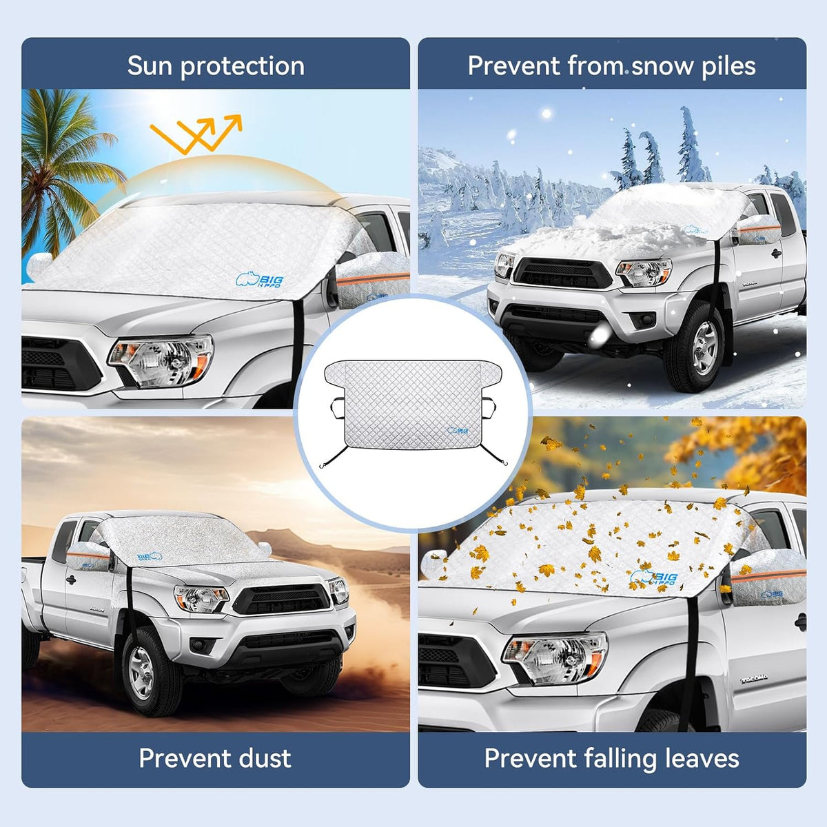 Big Hippo Thickened Car Windshield Cover for Ice and Snow,Sunshade. All-Weather Windproof Frost Protector to Save Morning Scrape Time, Fits Large SUVs & Pickup Trucks (70.86"x42.5"/Silver)