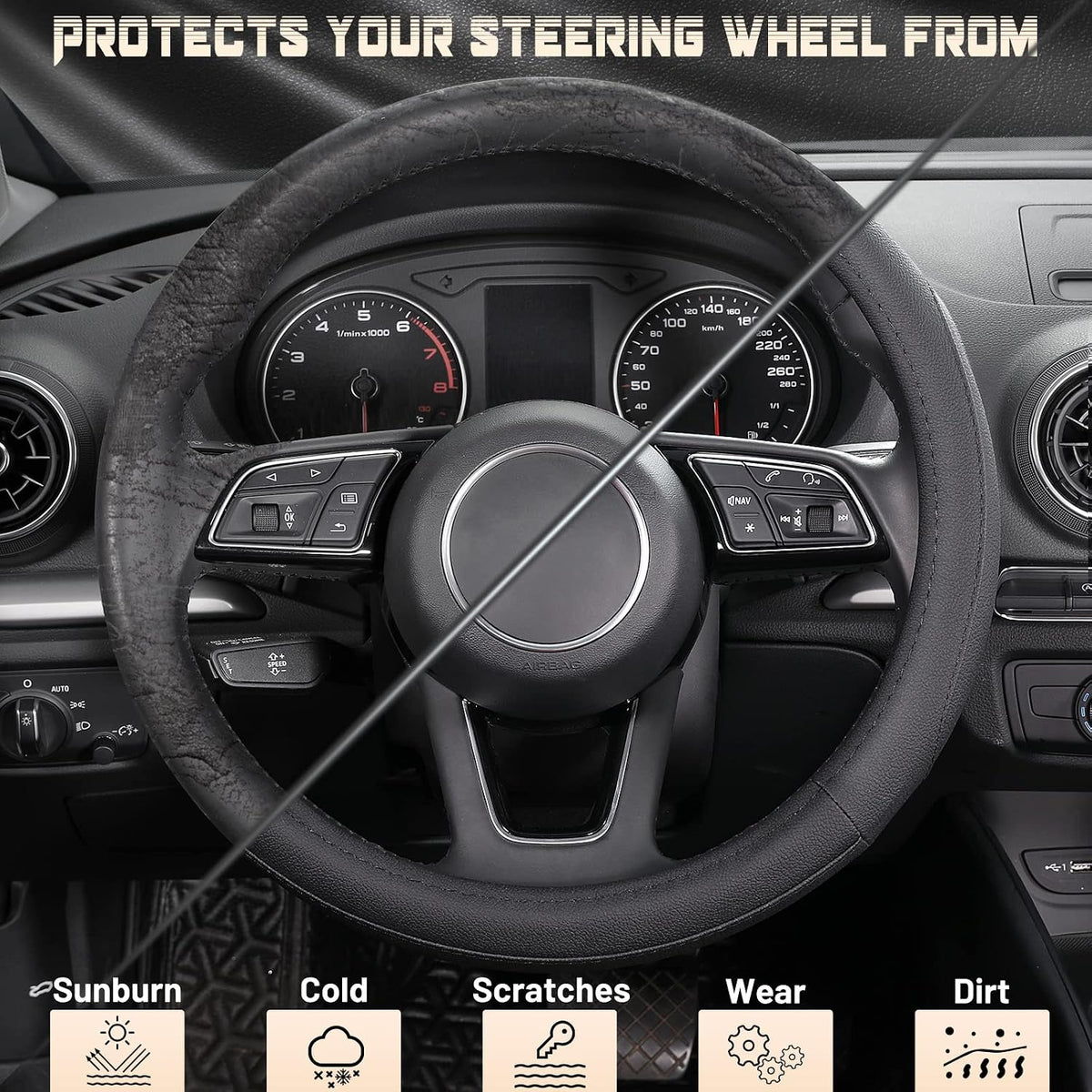 SEG Direct Black Microfiber Leather Auto Car Steering Wheel Cover 15 inch