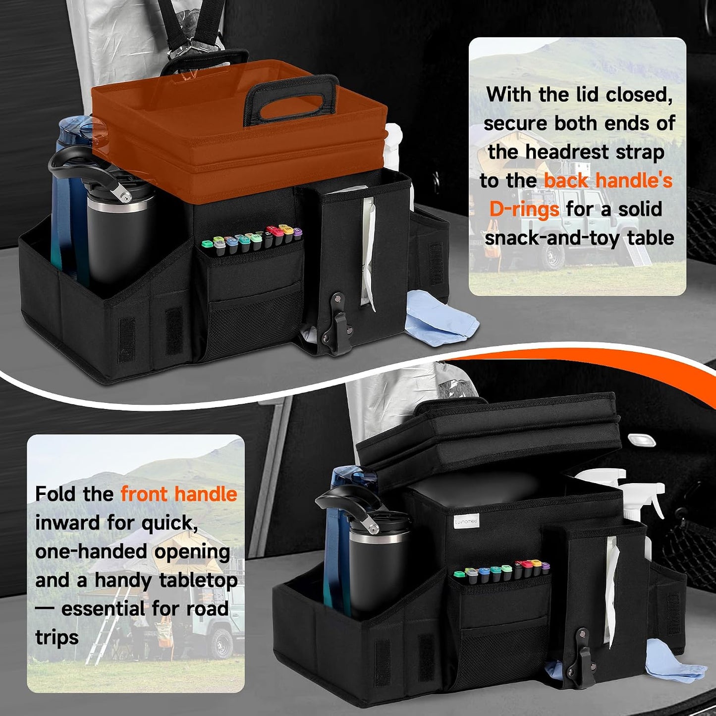 LUVHOMEE Car Organizers and Storage for Backseat & Front Seat - Collapsible Car Caddy w/Headrest Strap, Leakproof Cooler, Lid & Cup Holders | Fits Passenger Seat, Easy-Access Travel Snacks & Drinks