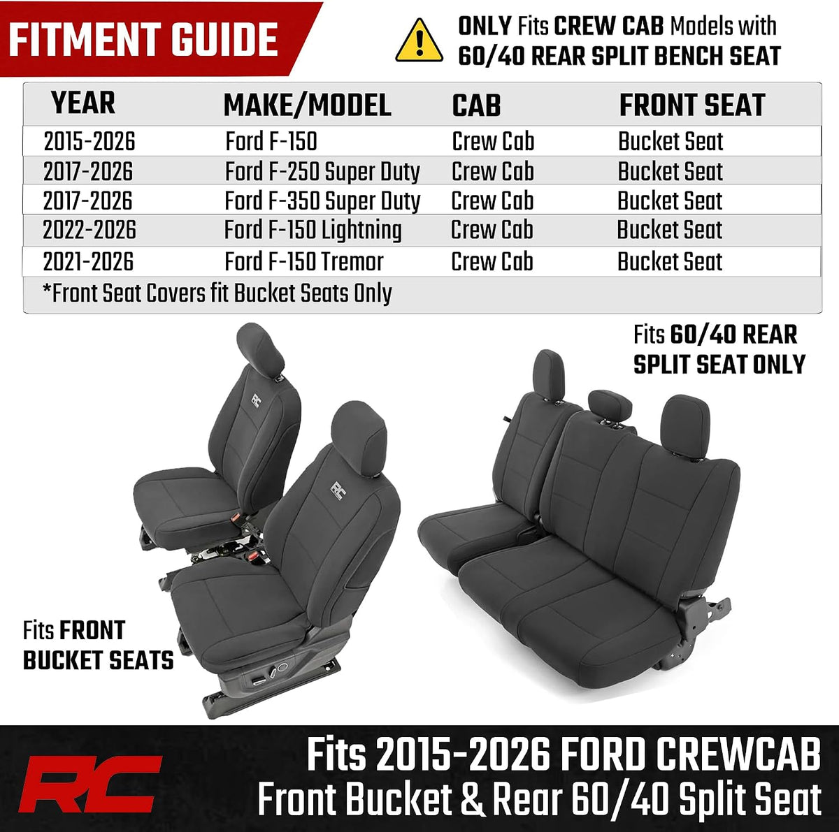 Rough Country Neoprene Front & Rear Seat Covers for Ford F-150, Lightning, F-250 & F-350 (2015-2026) Crew Cab w/Front Bucket Seats & Rear 60/40 Split