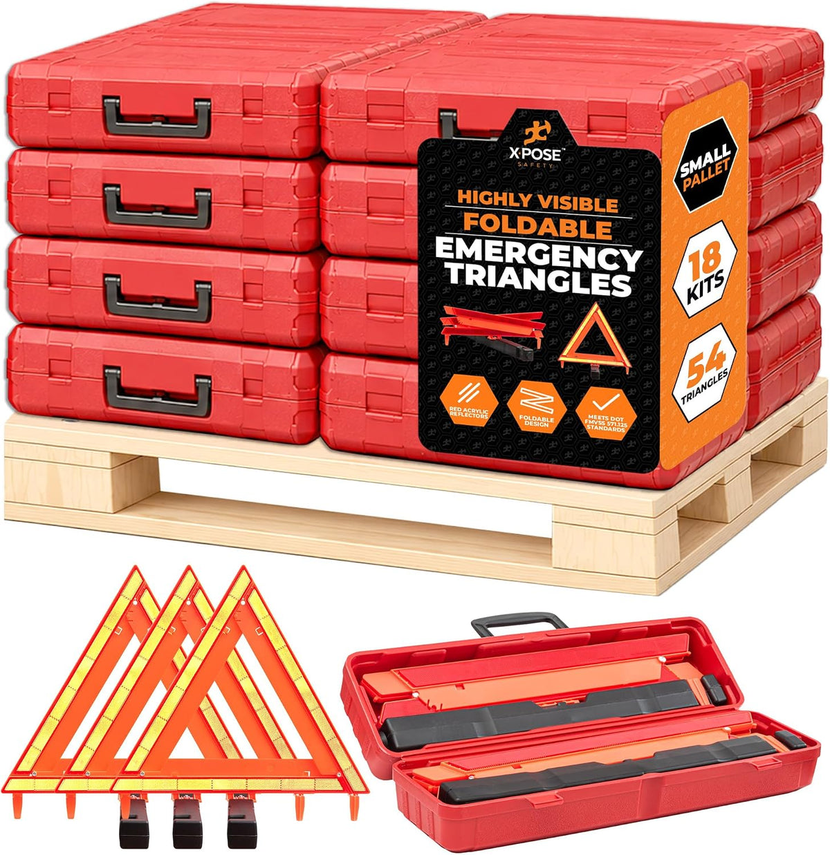 Xpose Safety Reflective Emergency Triangles – 18 Kits (54 Triangles) – DOT Approved Roadside Car Safety Warning Reflectors – Red & Orange Automotive Vehicle Hazard Visibility Markers