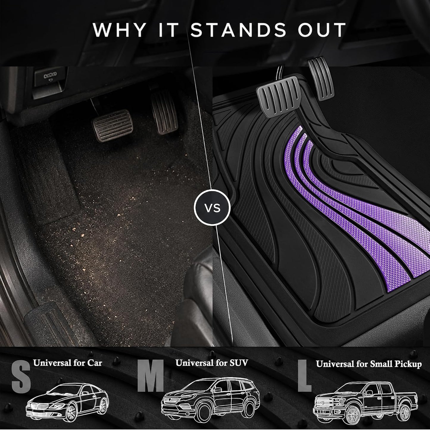 Road Comforts Car Floor Mats Full Set – Front & Rear Car Floor Mats with Aluminum Design, Anti-Slip Backing, All-Weather Protection, Trim-to-Fit Car Mats for Most Sedans, SUVs & Vans - Lighet Purple