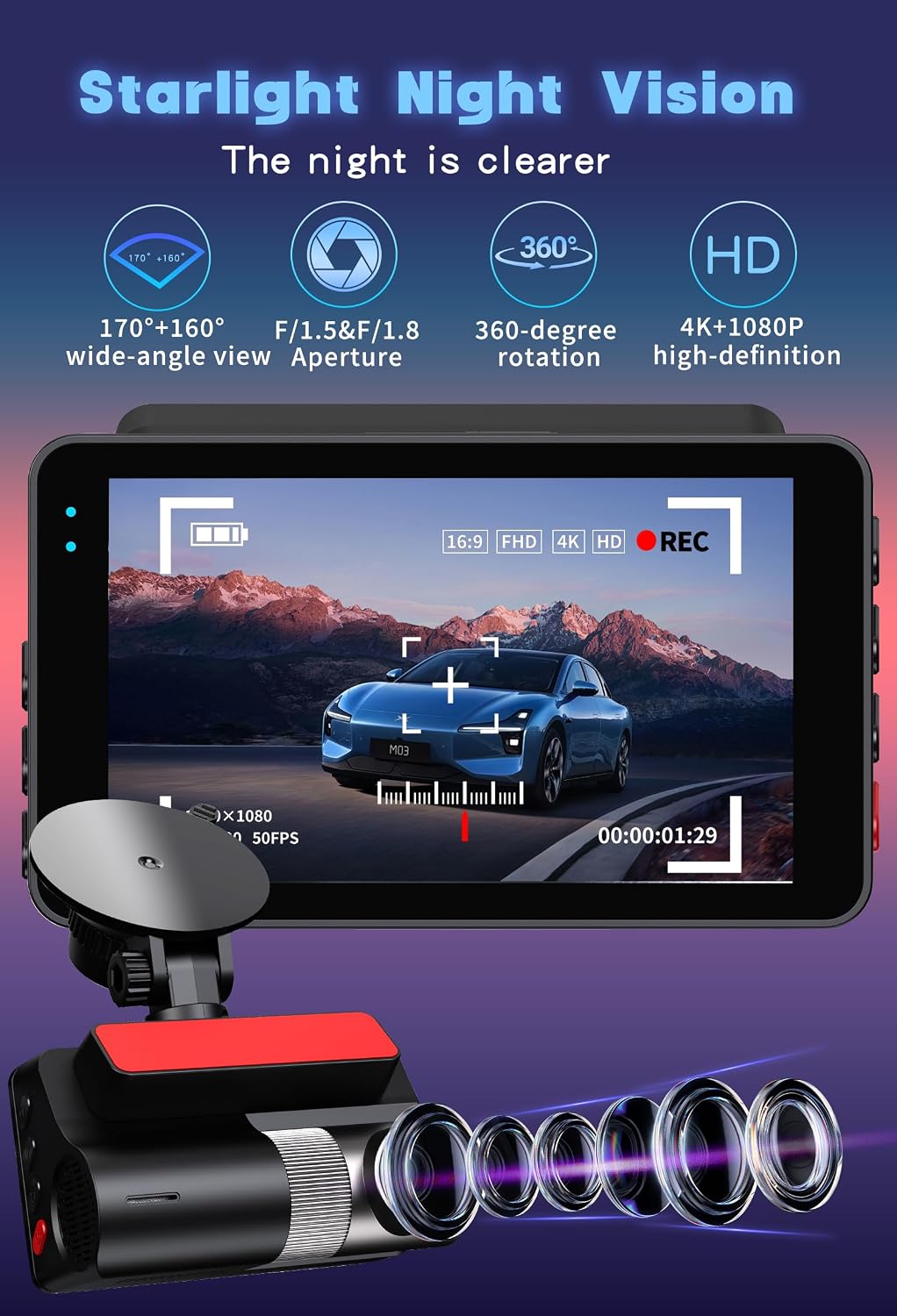 4K Dash Cam Front and Rear,G-Sensor, Free 64GB Card Included, 5.8GHz WiFi Dash Cam for Cars, 3" HDIPS, 24H Parking Monitor,Night Vision,Time-Lapse Recording