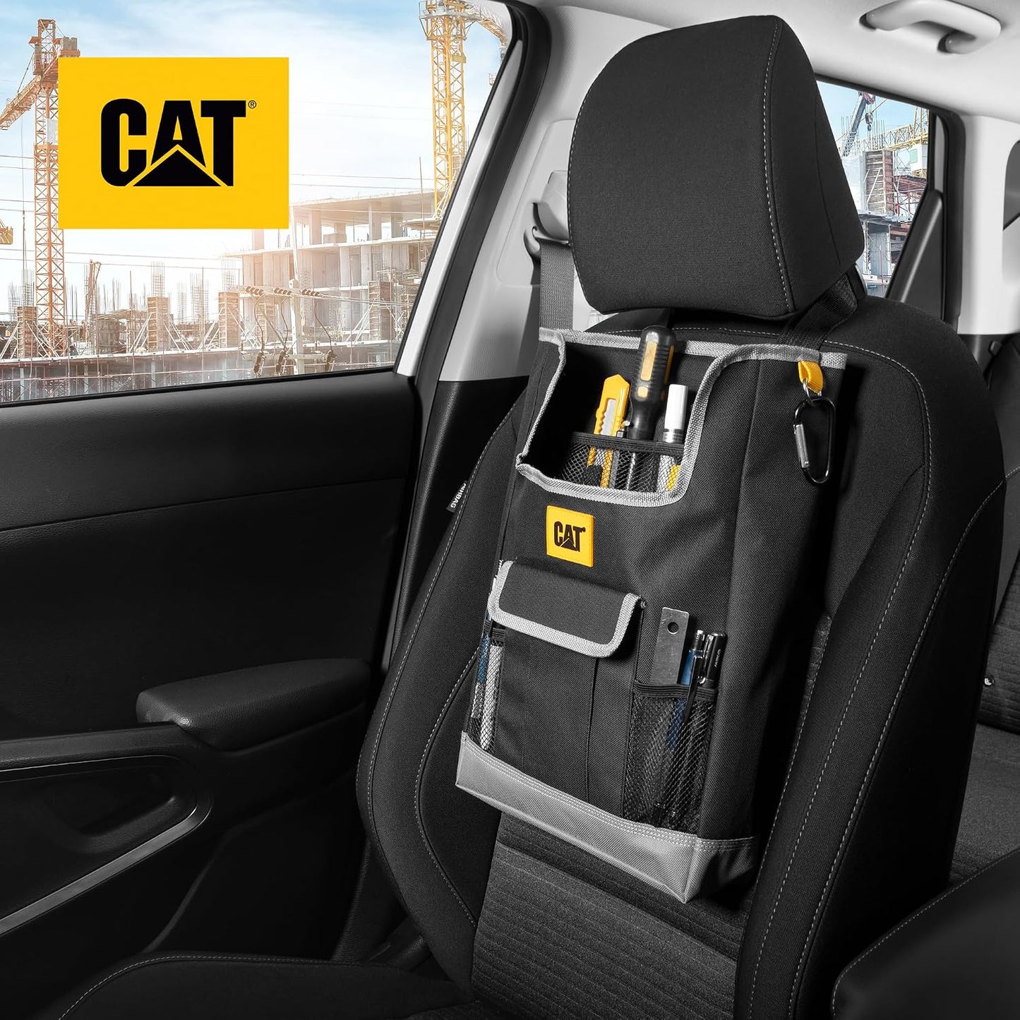 CAT® Car Front Seat Organizer Storage - Automotive Adjustable Straps Durable Multipurpose Work Truck Organizer for Front or Backseat for All Autos - Extra Storage for Tools and More - Black
