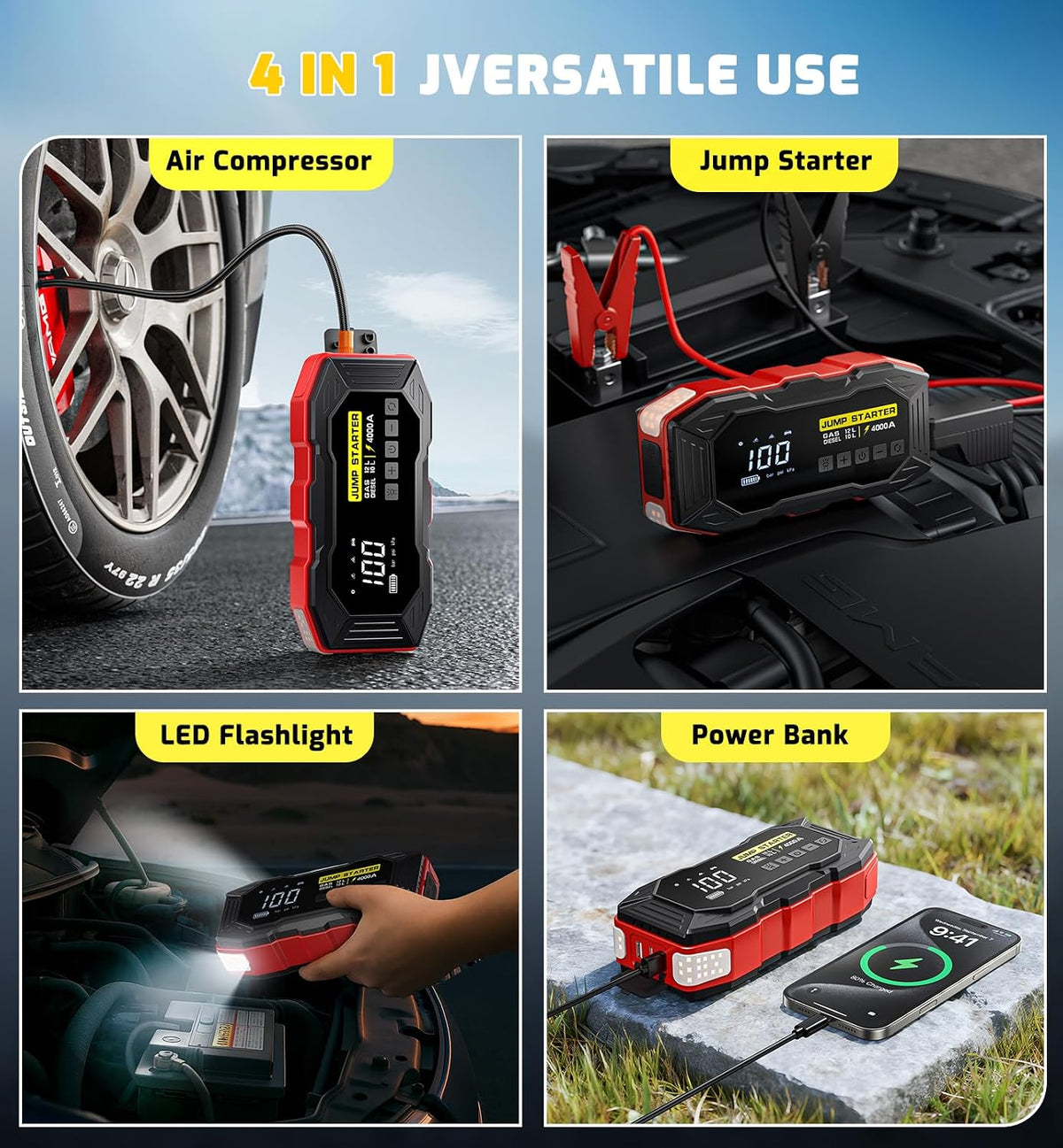 Jump Starter with Air Compressor 4000A Portable Car Battery Jump Starter (All Gas/10L Diesel), 160PSI Auto-Shutoff Tire Inflator Air Compressor, SuperSafe 12V Jump Box Car Battery Jumper Booster