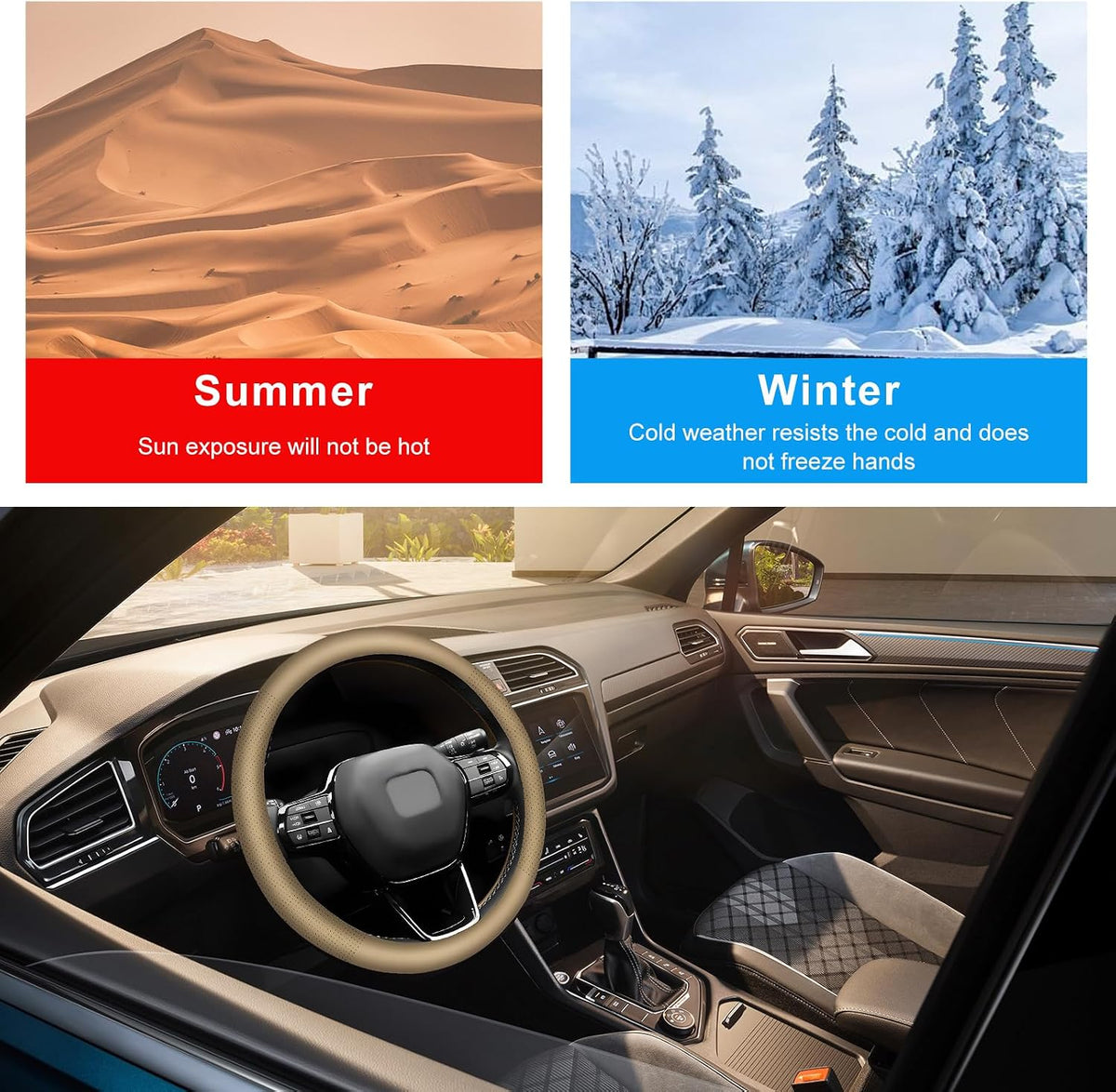 Car Steering Wheel Cover, 15" Breathable Leather Auto Wheel Protector with Comfortable Grip, Non-Slip Perforated Steering Wheel Protective Cover for SUV Truck Sedan Van (Beige)