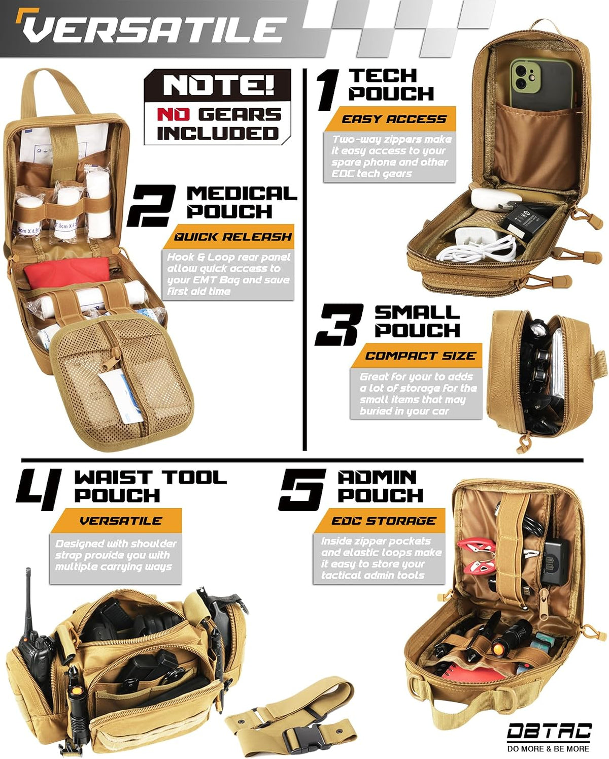DBTAC Tactical Molle Car Seat Organizer | Vehicle Back Panel with 5X Detachable Pouches, US Flag & Writable Reflective Patch for Cars, Trucks, SUVs, Sedans