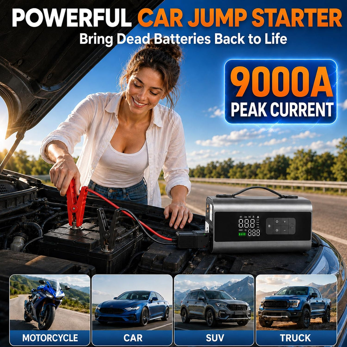 9000A Portable Car Battery Jump Starter with Air Compressor, 160PSI Tire Inflator, 6500Pa Car Vacuum & Air Blower, LED Light & Power Bank, Roadside Emergency for Family Travel, SUV, Truck
