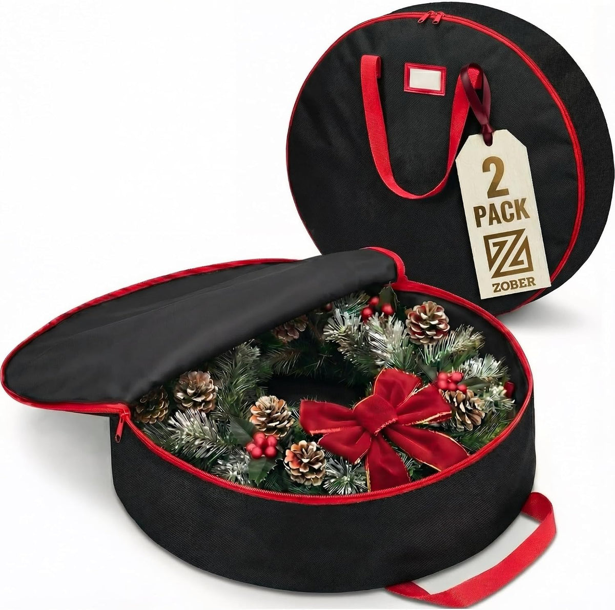ZOBER 2 Pack Oxford Christmas Wreath Storage Container 30 Inch - Wreath Bag for Artificial Wreaths Box - Waterproof Fabric, Dual Zippered Wreaths Storage Bag With Strong Durable Handles - Black