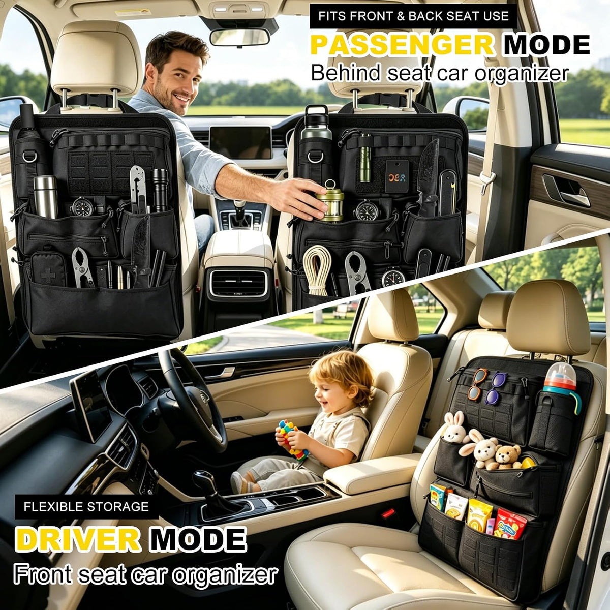 Universal Car Seat Back Organizer with 7 Storage Pockets, Black