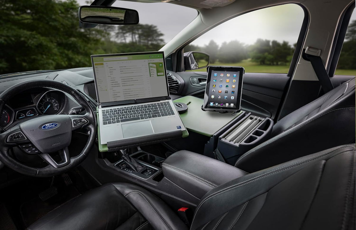 AutoExec Reach Car Desk for Your Vehicle Workstation and Mobile Office, Front Seat Army Green with Tablet Mount