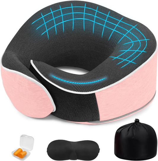 Travel Pillows for Airplanes Ergonomic Memory Foam Neck Pillow for Travel - 360° Head & Neck Support for Sleeping on Flights, Cars, Trains & Office (Pink-2)